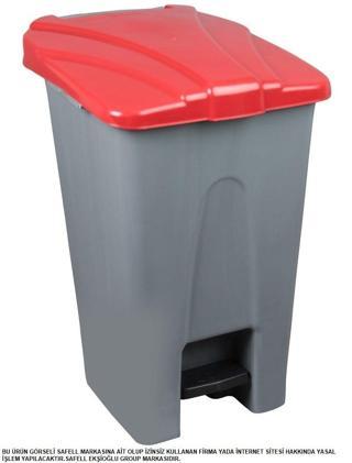 Safell Plastik Köşeli Pedallı Çöp Kovası 70 Lt - Tekerlekli - Pedallı Çöp Konteyneri - Gri Kırmızı