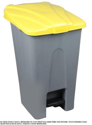 Safell Plastik Köşeli Pedallı Çöp Kovası 70 Lt - Tekerlekli - Pedallı Çöp Konteyneri - Gri Sarı