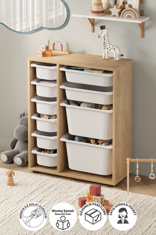 10 Sepetli Dolap Çok Amaçlı Dolap Oyuncak Dolabı Hülya Safir Meşe
