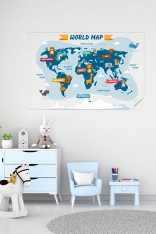 Evbuya Hayvanlı Dünya Haritası, Çocuklar Için Eğlenceli Dünya Haritası, Eğitici Oyuncak Çocuk Odası Sticker