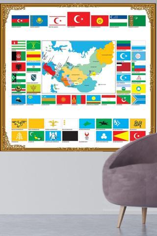 Evbuya Türk Dünyası Haritası, Bayrakları ve Türklerin Yaşadığı Bölgeler Statik Tutunan Akıllı Kağıt Harita