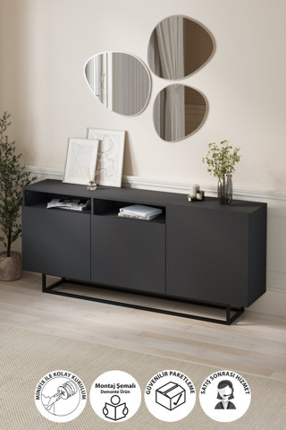 3 Kapaklı Konsol Metal Ayaklı 8 Bölmeli Tv Ünitesi Dresuar Çok Amaçlı Dolap 180 Cm Aras Antrasit