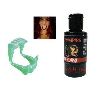 Fosforlu Çift Damak Takma Vampir Dişi ve 50 gr Tiyatro Kanı