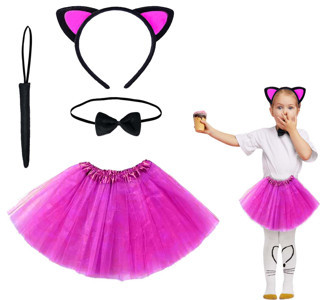 Fuşya Renk Etekli Kedi Kostüm Seti (Tütü, Taç, Papyon, Kuyruk) (4887)