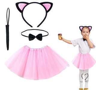 Pembe Renk Etekli Kedi Kostüm Seti (Tütü, Taç, Papyon, Kuyruk) (4887)