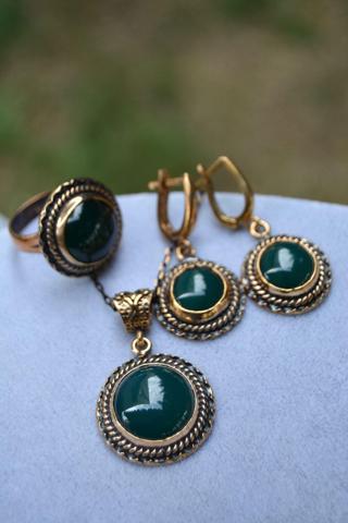 Stoneage Jewellery Yeşil Akik Doğal Taş Tam Set Yeşil