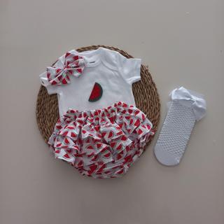 MARS BABY Kız Bebek Karpuz Fırfır Şort Etek Bodyli Beyaz File Çorap Takımı