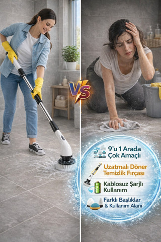 Şarjlı Döner Temizlik Fırçası Uzatmalı Saplı Banyo Mutfak Fayans Zemin Yüzey Temizleyici 9 in 1
