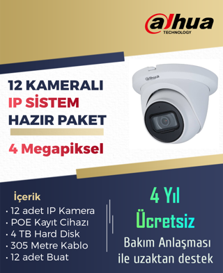 12 Kameralı Dahua 4 Megapiksel Hazır Paket - Starlight IP Kamera Sistem Seti