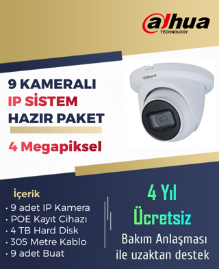 9 IP Kameralı 4 MP Starlight Kamera Paket Sistem - 9 Kameralı Dahua IP Set