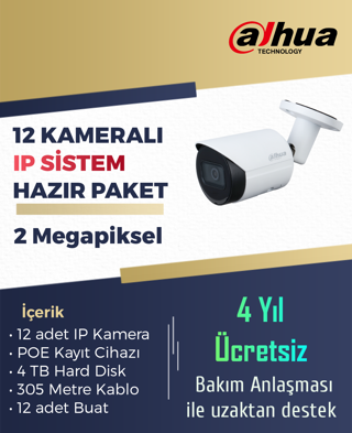 12 Kameralı 2 Megapiksel IP Kamera Sistemi Dahua Set –4 TB HDD Dahil Hazır Paket