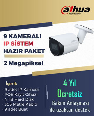 9 Kameralı Dahua 2 Megapiksel IP Dış Ortam Kamera Sistemi – Hard Disk Dahil Starlight