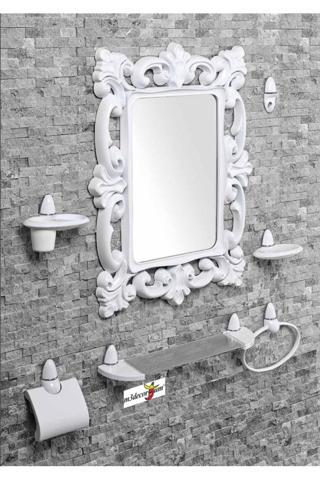 M3Decorium Büyük Dev 77 Cm Aynalı Çok Parçalı 7 Parça Beyaz Banyo Ayna Seti
