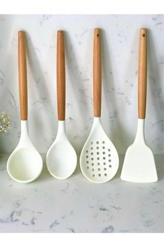 Hitfoni Silikon Bambu Saplı 4 Parça Mutfak Servis Seti (kepçe-kaşık-kevgir-spatula) Beyaz