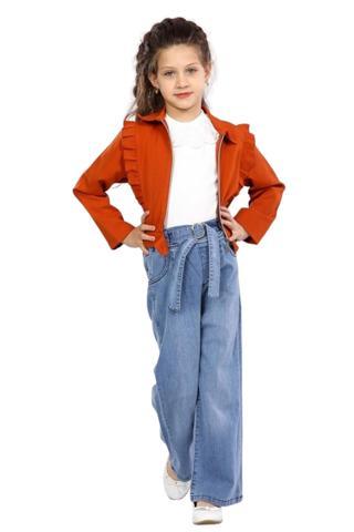 Kız Çocuk Bluzu Dantelli Ceketli Kot Pantolonlu Kiremit Renk 3lü Takım