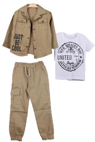 Erkek Çocuk Keten Gömlek Keten Pantolon Tişörtlü Açık Kahve Renk 3 lü Takım
