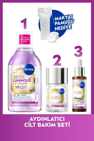Skin Glow Aydınlatıcı Bakım Rutini, Makyaj Temizleme Suyu 400ml, Serum ve Tonik 100ml, Pamuk Hediye