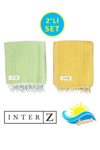 INTER Z 2'li Set Peştemal Plaj Havlusu , %100 Pamuk , Xxl 100x180cm, Marmaris, Fıstık Yeşili Sarı Fıstık Yeşili Sarı