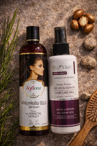 ÇareBurada Atkuyruğu Özlü Şampuan 400 ml + BioVitals Argan Keratin Saç Bakım Sütü 250 ml