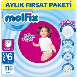 Molfix Pants Bebek Bezi 6 Beden E.large Aylık Fırsat Paketi (58 adet x 2) 116 Adet