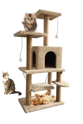 Nursoft Y01  Salıncaklı  Yuvalı Lüx  Kedi Tırmalama  Oyun Evi-Bej