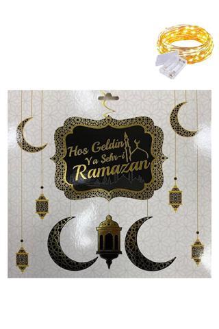 Gold-Siyah Hoşgeldin Ya Şehri Ramazan Tavan Süs + Led - Hoşgeldin Ramazan Banner Ramazan Sarkıt
