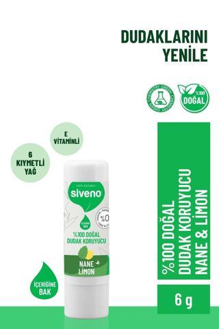 Siveno %100 Doğal Dudak Koruyucu Nane & Limon Bitkisel Lip Balm Krem Nemlendirici Parlatıcı Onarıcı 6 gr