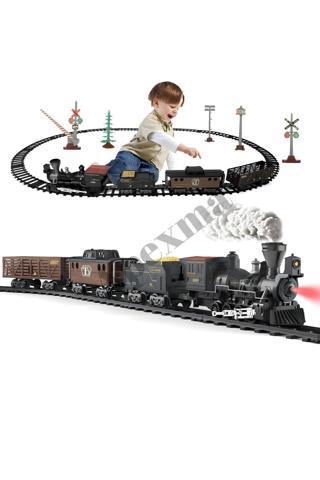 Işıklı ve Sesli Buharlı Klasik Tren Buhar Çıkaran Oyuncak Kara Tren Seti 135 cm Ray Uzunluğunda