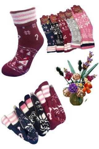 KRAL SOCKS Kadın Silikon Yıkamalı Akrilik Yün Kıvrık Havlu Bot Çorabı (3 Çift) Karma Renk Çorap Seti