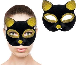 Siyah Renk Gold Simli Süet Kaplama Kedi Maskesi 18x14 cm