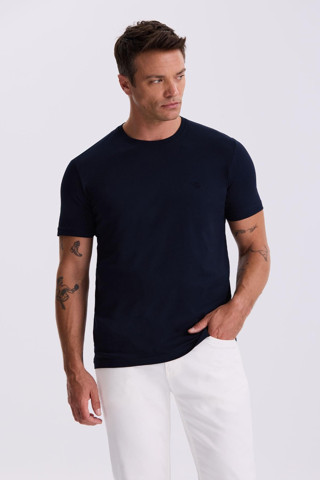 Lacivert %100 Pamuk Slim Fit Bisiklet Yaka Basic T-Shirt