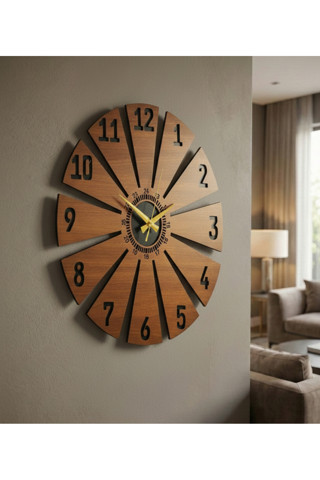 Ahşap Ceviz Mobilya Renk Desenli Yılbaşı Hediyelik Sessiz Duvar Saati 50cm