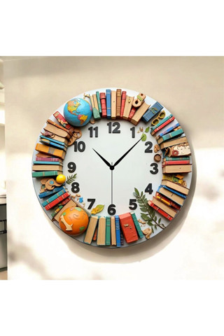 Kitap Öğretmen Renkli Baskı Desenli Sayılı Yılbaşı Hediyelik Ahşap Sessiz Tablo Duvar Saati