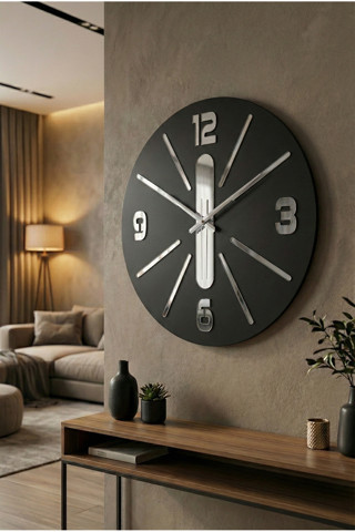 Siyah Renk Yılbaşı Hediyelik Ahşap Aynalı Dekoratif Farklı Desenli Duvar Saati 50cm