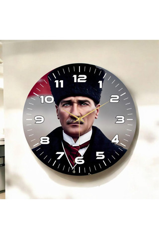 Renkli Baskı Atatürk Desenli Sayılı Öğretmen Yılbaşı Hediyelik Ahşap Sessiz Tablo Duvar Saati 45Cm