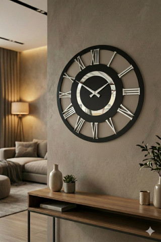 Siyah Renk Gümüş Sayılı Hediyelik Ahşap Dekoratif Farklı Desenli Ev Hediyelik Duvar Saati 50cm