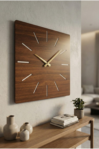 Kare Ahşap Ceviz Renk Sade Sayılı Yılbaşı Hediyelik Sessiz Duvar Saati 50cm