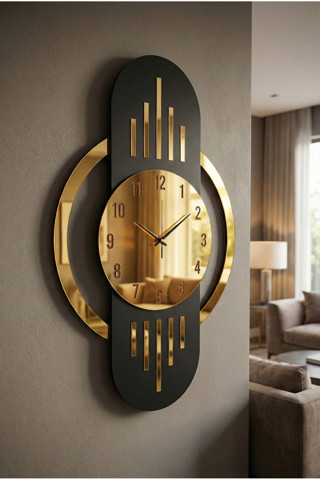 70cm Siyah Renk Gold Altın Detaylı Sayılı Hediyelik Ahşap Dekoratif Sessiz Büyük Boy Duvar Saati