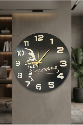 Atatürk İmza Ahşap Siyah Renk Sade Sayılı Öğretmen Yılbaşı Hediyelik Sessiz Duvar Saati 50Cm