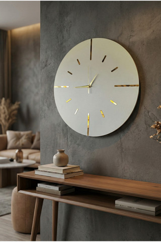 Beyaz Renk Gold Aynalı Sade Sessiz Yılbaşı Hediyelik Ahşap Dekoratif Ev Ofis Duvar Saati 50cm