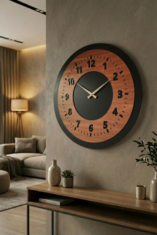 Ahşap Ceviz Mobilya Siyah Renk Sade Sayılı Yılbaşı Hediyelik Sessiz Duvar Saati 50cm