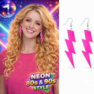80’Ler 9039Lar Neon Pembe Şimşek Küpe 10 Cm