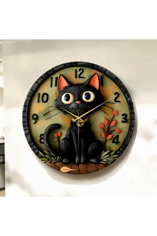 Aa Shop Renkli Baskı Kedi Çocuk Desenli Sayılı Yılbaşı Hediyelik Ahşap Sessiz Tablo Duvar Saati