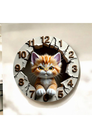 Aa Shop Renkli Baskı Kedi Çocuk Desenli Sayılı Yılbaşı Hediyelik Ahşap Sessiz Tablo Duvar Saati