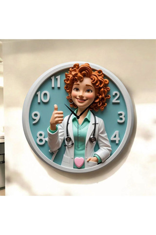 Aa Shop Doktor Hemşire Eczacı Renkli Baskı Desenli Sayılı Yılbaşı Hediyelik Ahşap Sessiz Tablo Duvar Saati