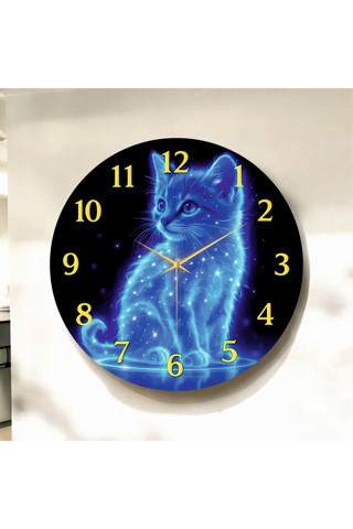 Aa Shop Renkli Baskı Kedi Dijital Desenli Sayılı Yılbaşı Hediyelik Ahşap Sessiz Tablo Duvar Saati