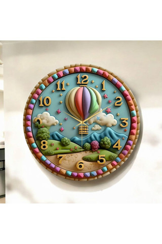 Aa Shop Uçan Balon Tasarımlı Renkli Baskı Desenli Sayılı Yılbaşı Hediyelik Ahşap Sessiz Tablo Duvar Saati