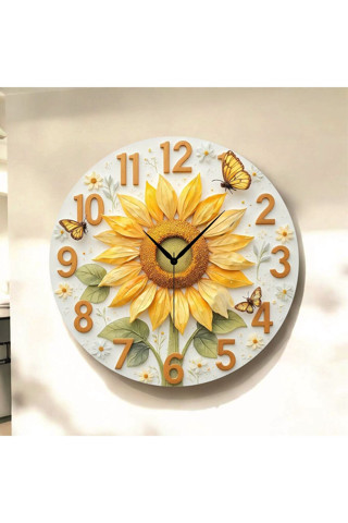Aa Shop Çiçek Renkli Baskı Desenli Sayılı Yılbaşı Hediyelik Ahşap Sessiz Tablo Duvar Saati