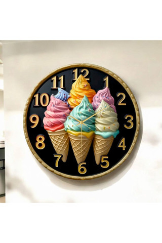 Aa Shop Dondurma Kabartma Görünümlü Renkli Baskı Desenli Sayılı Yılbaşı Hediyelik Ahşap Sessiz Duvar Saati