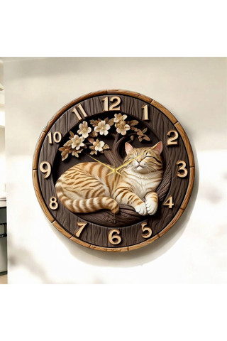 Aa Shop Renkli Baskı Kedi Çocuk Desenli Sayılı Yılbaşı Hediyelik Ahşap Sessiz Tablo Duvar Saati